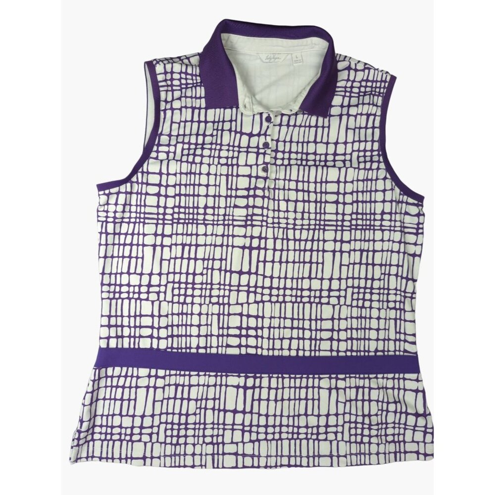 Lady Hagen Women’s Large Golf Polo Top Purple White Sleeveless Stretch Athletic